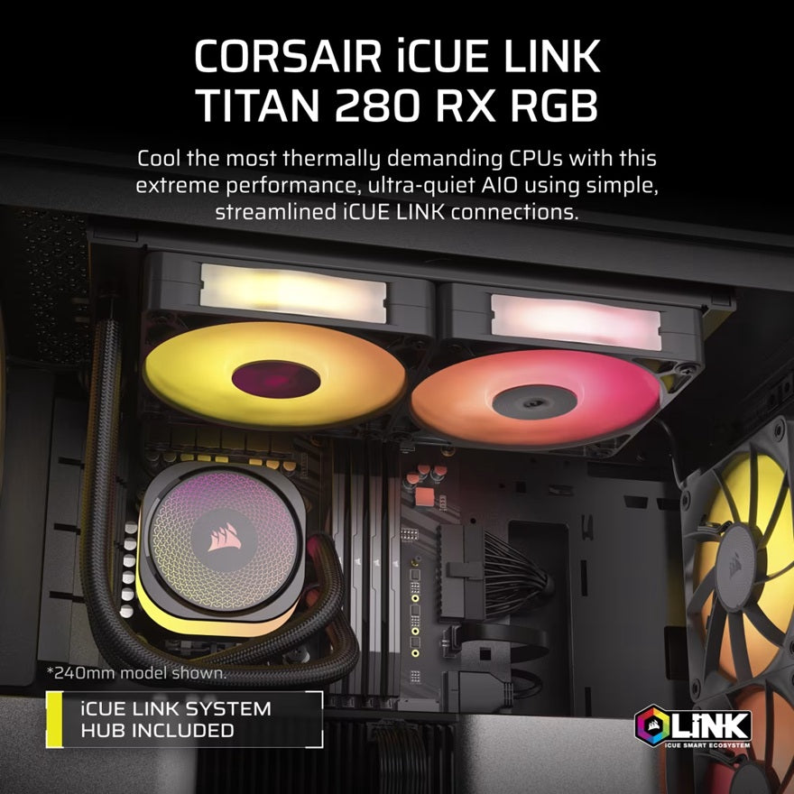 Corsair iCUE LINK TITAN 280 RX RGB AIO Liquid CPU Cooler - Black, 94.7 CFM, 1700 RPM, Aluminum Radiator, Copper Cold Plate, Intel/AMD Support