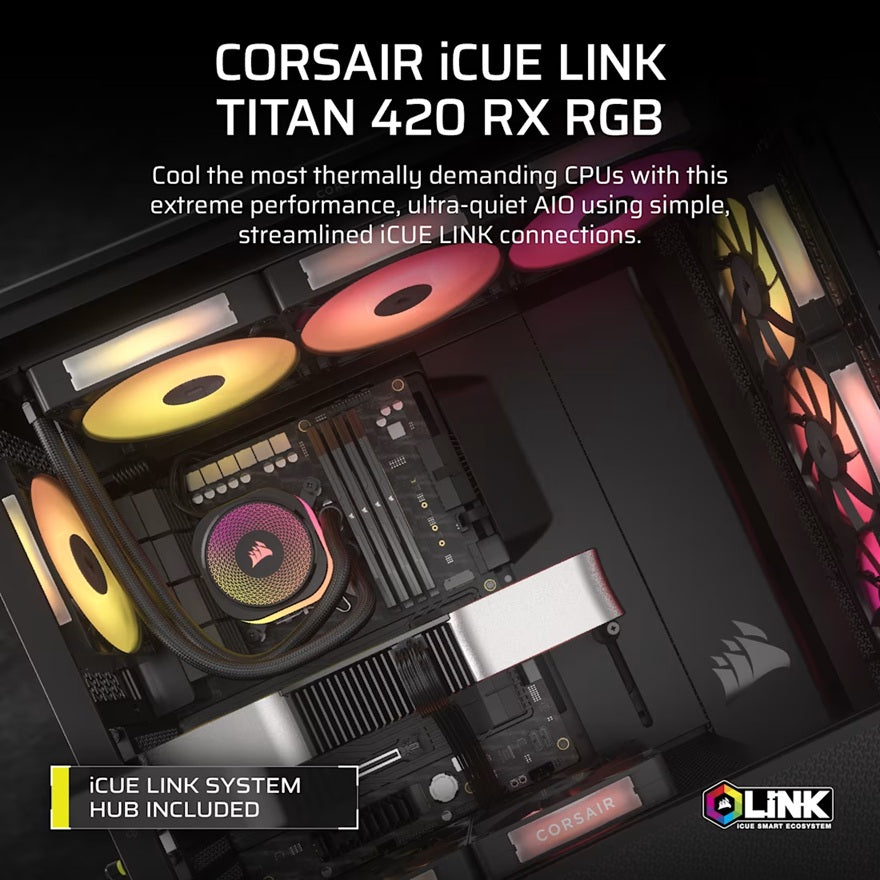 Corsair iCUE LINK TITAN 420 RX RGB AIO Liquid CPU Cooler - Black: 94.7 CFM, 1700 RPM, Aluminum Radiator, Copper Cold Plate, Intel/AMD Support