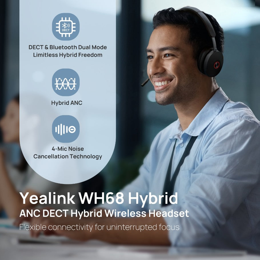 Yealink WH68-H-MS Hybrid Dual Teams DECT/Bluetooth Headset with 4-Mic Hybrid ANC
