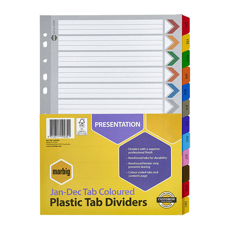 Marbig Indices & Dividers Jan-Dec Tab Reinf A4 Col - 35029F