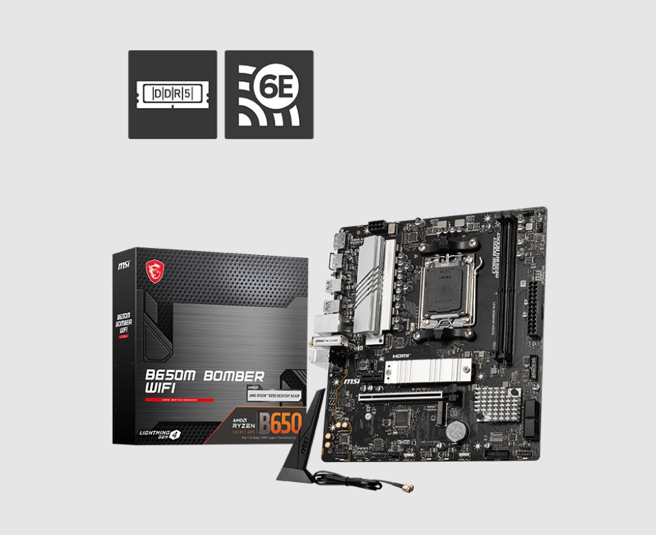 MSI B650M BOMBER WIFI AMD AM5 MATX Motherboard, 2x DDR5 ~128GB, 1x PCI-E x16, 2x M.2, 4x SATA,  6x USB 2.0