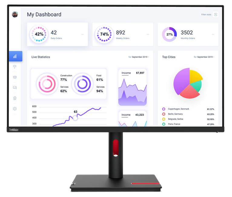Lenovo ThinkVision T32p-30 31.5'/32' UHD Monitor IPS 4K 3840x2160 16:9 Height Adjustable Tilt Swivel Pivot DP HDMI USB-C 9 Hub 0W PD RJ45 4xUSB3 VESA