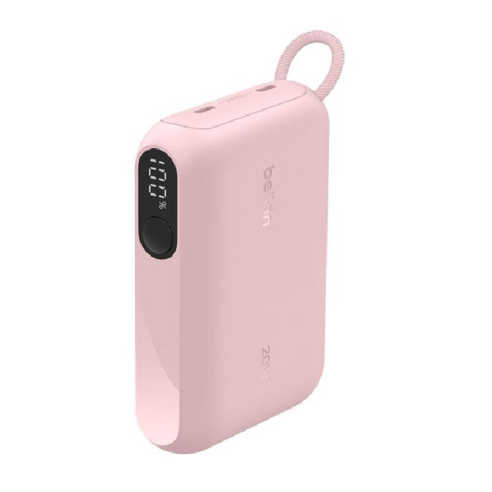 Belkin BoostCharge 10000mAh Power Bank with Display and Integrated USB-C Cable 60W (15 cm) â€“ Pink, 2Ã— USB-C (20W), $2,500 CEW, 2-Year Warranty