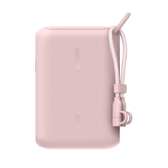 Belkin BoostCharge 10000mAh Power Bank with Display and Integrated USB-C Cable 60W (15 cm) â€“ Pink, 2Ã— USB-C (20W), $2,500 CEW, 2-Year Warranty