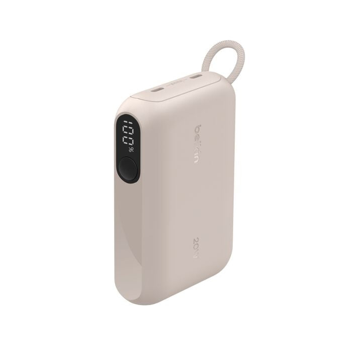 Belkin BoostCharge 10000mAh Power Bank with Display and Integrated USB-C Cable 60W (15 cm) â€“ Sand, 2Ã— USB-C (20W), $2,500 CEW, 2-Year Warranty