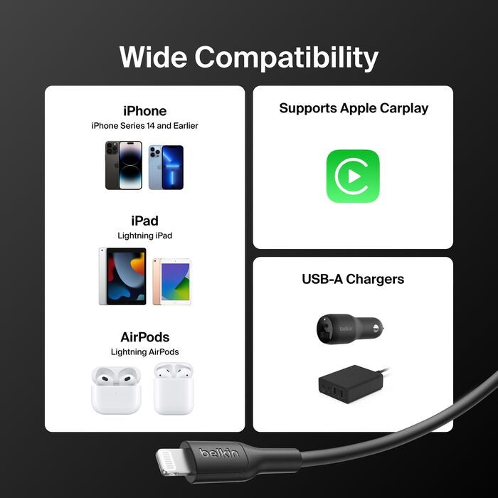 Belkin BoostCharge Lightning to USB-A Cable (1 m) â€“ Black, 2.4A/15W, 480 Mbps, 300K + Bends, Apple iPhone, MFi-Certified, 2-Year Warranty