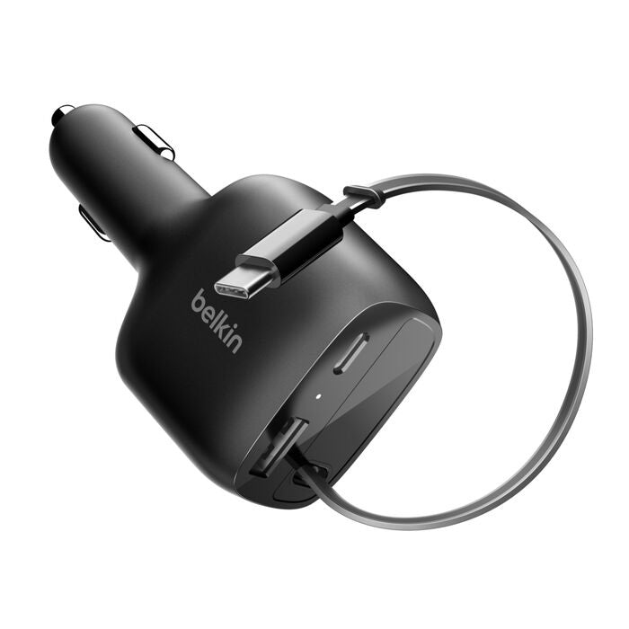 Belkin BoostCharge 75W Retractable Car Charger â€“ Black, Retractable Cable (75 cm), 1Ã— USB-A, 1Ã— USB-C, $2,500 CEW, 2-Year Warranty