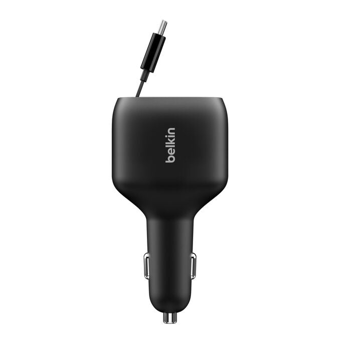 Belkin BoostCharge 75W Retractable Car Charger â€“ Black, Retractable Cable (75 cm), 1Ã— USB-A, 1Ã— USB-C, $2,500 CEW, 2-Year Warranty