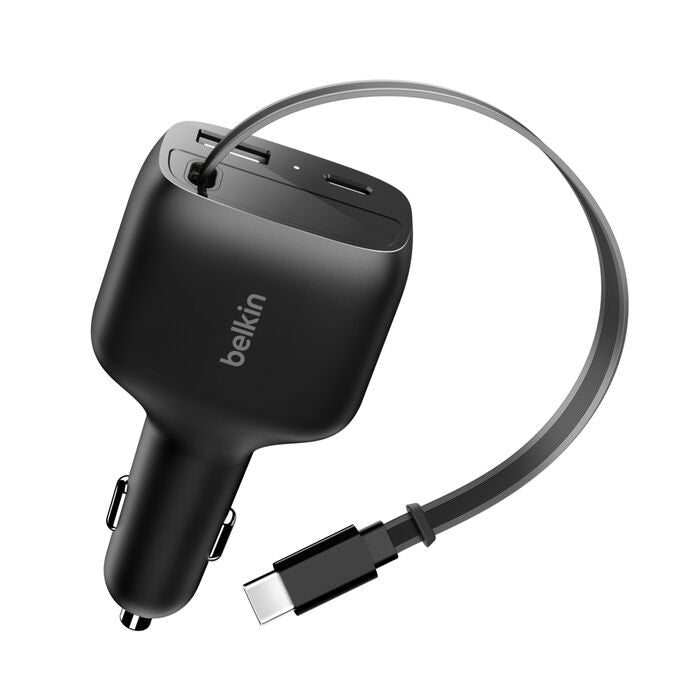 Belkin BoostCharge 75W Retractable Car Charger â€“ Black, Retractable Cable (75 cm), 1Ã— USB-A, 1Ã— USB-C, $2,500 CEW, 2-Year Warranty