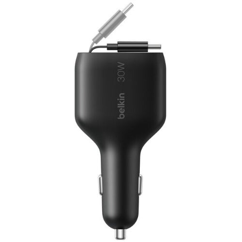 Belkin BoostCharge 30W Retractable Car Charger â€“ Black, Fast Charge, Retractable Cable (70 cm), 1Ã— USB-A, 1Ã— USB-C, $2,500 CEW, 2-Year Warranty