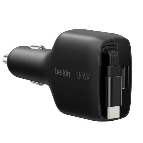 Belkin BoostCharge 30W Retractable Car Charger â€“ Black, Fast Charge, Retractable Cable (70 cm), 1Ã— USB-A, 1Ã— USB-C, $2,500 CEW, 2-Year Warranty