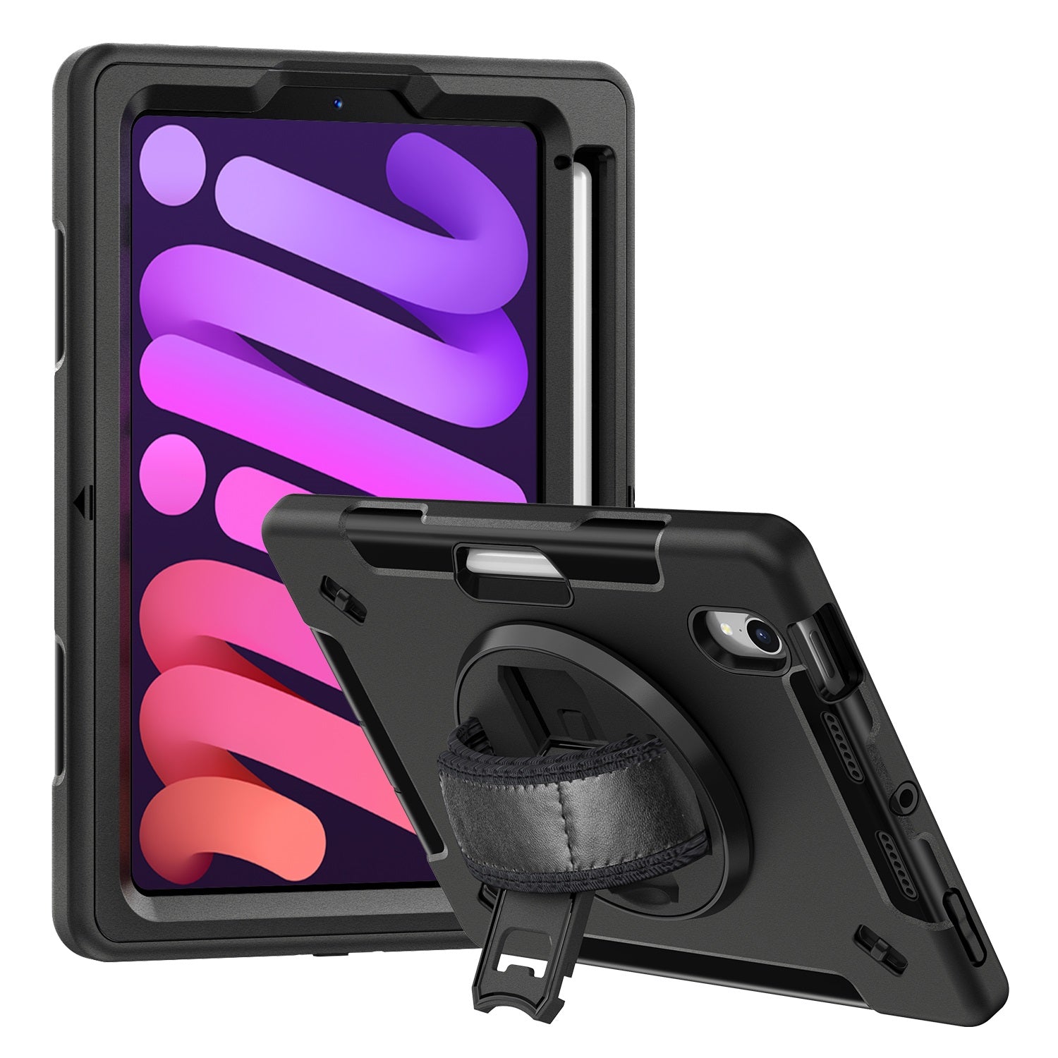 USP Rugged Apple iPad Mini A17 Pro (7th Gen)/ iPad Mini (8.3') (6th Gen) Case with Sling Black-Built-in-Kickstand,Adjustable Hand Strap,Shoulder Strap