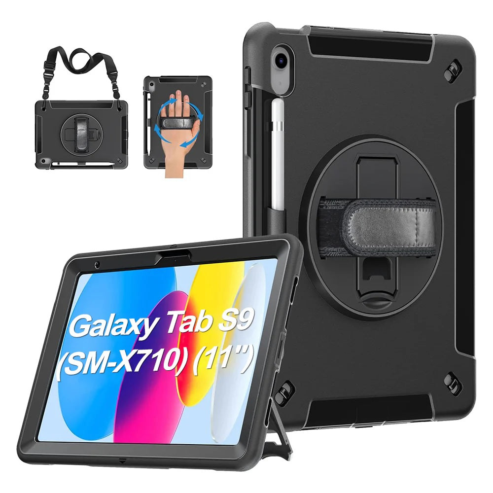 USP Rugged Samsung Galaxy Tab S10 FE (11')/ Tab S9 (11') / Tab S9 FE (10.9') Case Black - Built-in-Kickstand,Adjustable Hand Strap, Shoulder Strap
