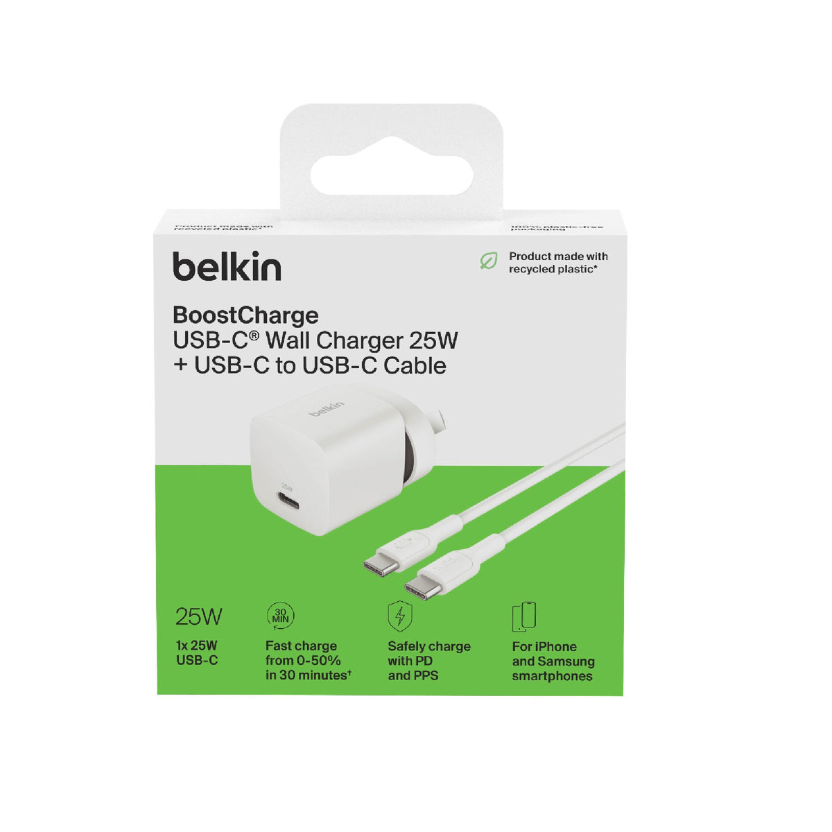 Belkin BoostCharge 25W USB-C Cubic Wall Charger + USB-C to USB-C Cable (1 m) â€“ White, MFi-Certified, $2,500 CEW, 2-Year Warranty