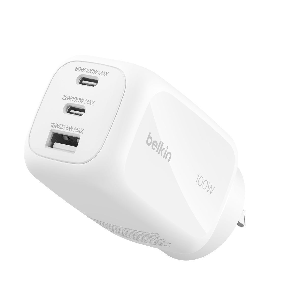 Belkin BoostCharge Pro 100W 3-Port GaN Wall Charger â€“ White, 2Ã— USB-C, 1Ã— USB-A, Compact Laptop Charger, $2,500 CEW, 2-Year Warranty