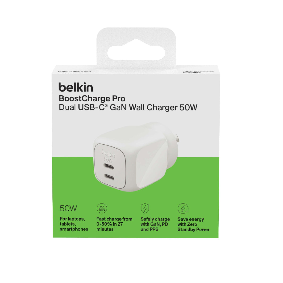 Belkin BoostCharge Pro 50W Dual USB-C GaN Wall Charger â€“ White, Compact Laptop Charger, Travel-Ready, $2,500 CEW, 2-Year Warranty