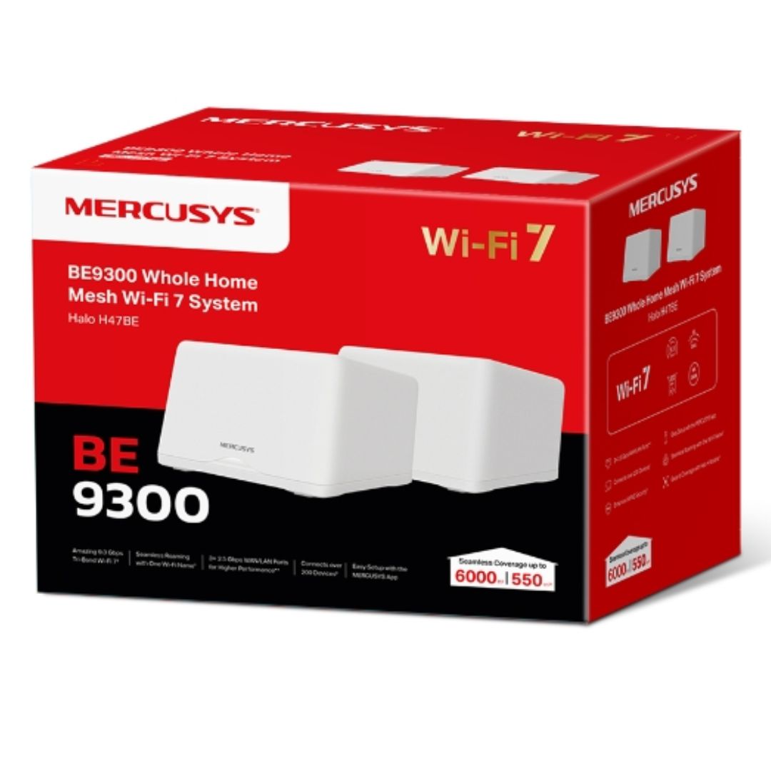Mercusys Halo H47BE(2-pack) BE9300 Whole Home Mesh Wi-Fi 7 System, 9214 Mbps Tri-Band, Up to 550mÂ² (WIFI7)