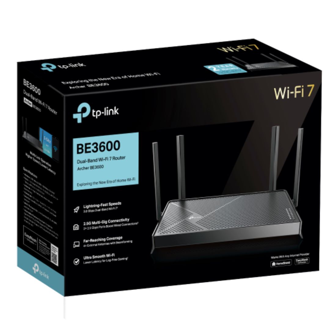 TP-Link Archer BE3600 BE3600 Dual-Band Wi-Fi 7 Router (WIFI7) 1148 Mbps at 2.4 GHz + 4804 Mbps at 5 GHz, 8Ã— Antennas, 2.0 GHz Quad- Core CPU, 1*2.5Gbp