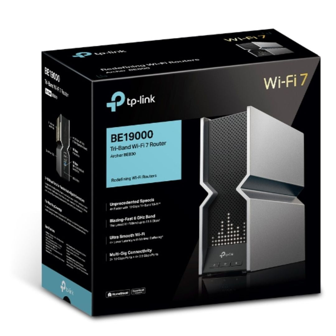 TP-Link Archer BE800 BE19000 Tri-Band Wi-Fi 7 Router (WIFI7) 1376 Mbps at 2.4 GHz + 5760 Mbps at 5 GHz + 11520 Mbps at 6 GHz, 8Ã— Internal Antennas, Qu