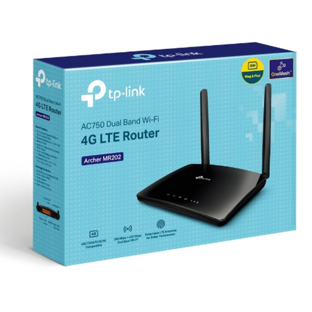 TP-Link Archer MR202 AC750 Wireless Dual Band 4G LTE Router 574Mbps @2.4GHz + 2402Mbps @5GHz + 2402Mbps @6GHz. 2Ã— External SMA-F Antenna IntF