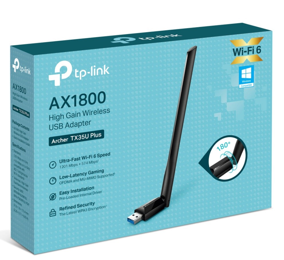 TP-Link Archer TX35U Plus AX1800 High Gain Wireless USB Adapter, 1201 Mbps at 5 GHz + 574 Mbps at 2.4 GHz, 1Ã— High Gain External Antenna, USB 3.0
FEA