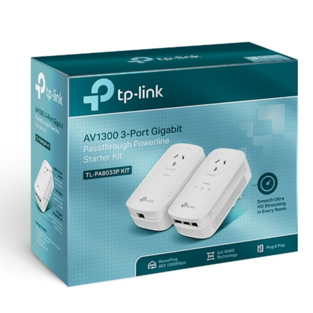 TP-Link TL-PA8033P KIT AV1300Â PassthroughÂ PowerlineÂ KIT, Qualcomm, 3 GigabitÂ Ports, 1300Mbps Powerline, 2*2 MIMO,  HomePlug AV2, New PLC Utility, Twin