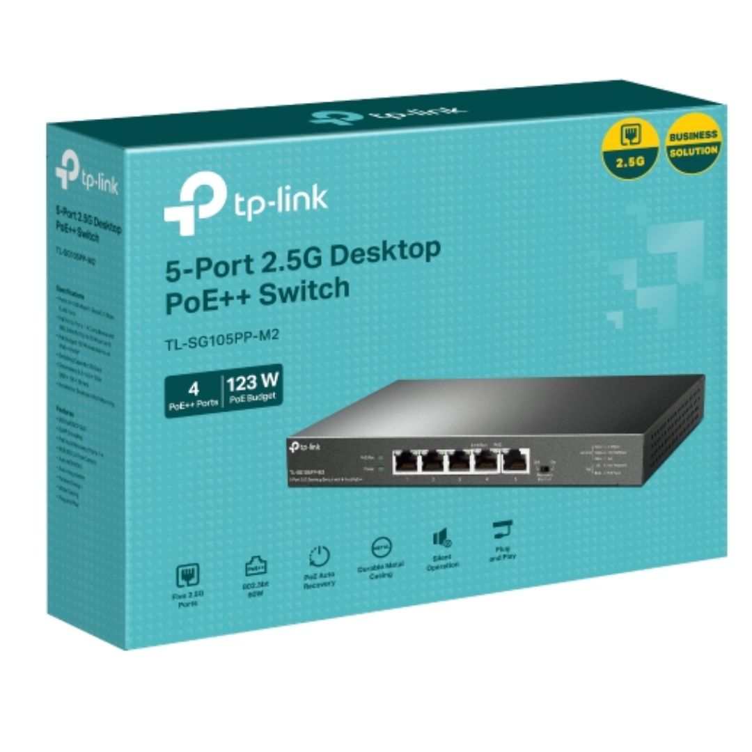 TP-Link TL-SG105PP-M2 5-Port 2.5G Desktop Switch with 4-Port PoE++, 4Ã— 2.5G PoE++ Ports, 1x 2.5G Non-PoE Port, PoE Auto Recovery for Port1-4, Plug and