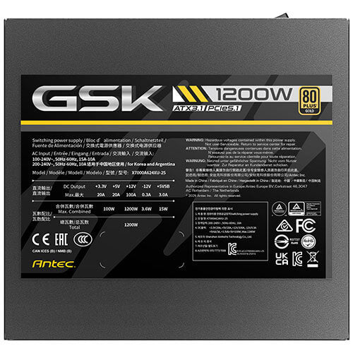 Antec GSK1200 AU, ATX 12V 3.1, 1200W, Full-Modular, 80 Plus Gold, 120mm FDB fan, 100â€“240V, OCP/OVP/UVP/SCP/OPP/OTP/SIP/NLO protection, 10yr wty