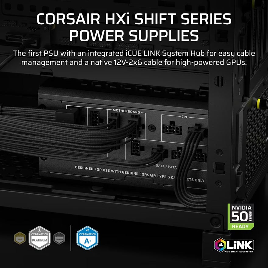 Corsair HX1000i SHIFT Fully Modular Platinum ATX Power Supply, ATX 3.1, 8x PATA, 2x EPS, 8x SATA, 4x PCIe, DSP, fully modular, 140mm FDB fan, 10yr WTY