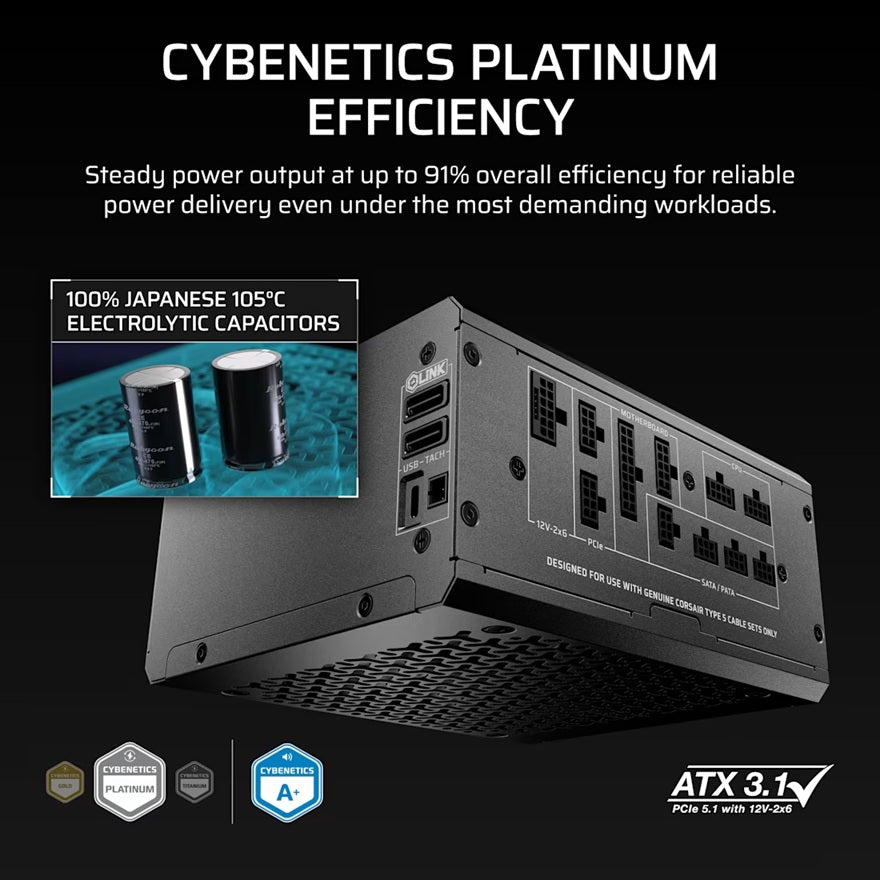 Corsair HX1000i SHIFT Fully Modular Platinum ATX Power Supply, ATX 3.1, 8x PATA, 2x EPS, 8x SATA, 4x PCIe, DSP, fully modular, 140mm FDB fan, 10yr WTY