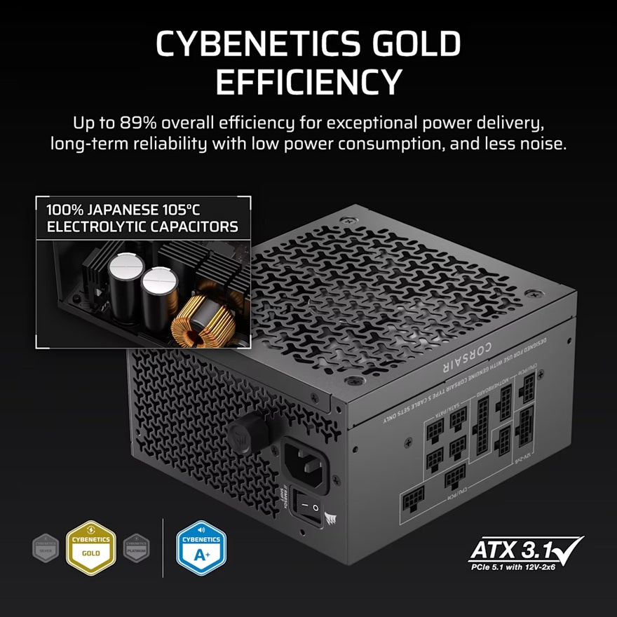 Corsair RM1000x SHIFT Fully Modular ATX Power Supply (AU), 1000W, ATX 3.1, Gold efficiency, FDB 140mm fan, fully modular, zero RPM, 10yr warranty