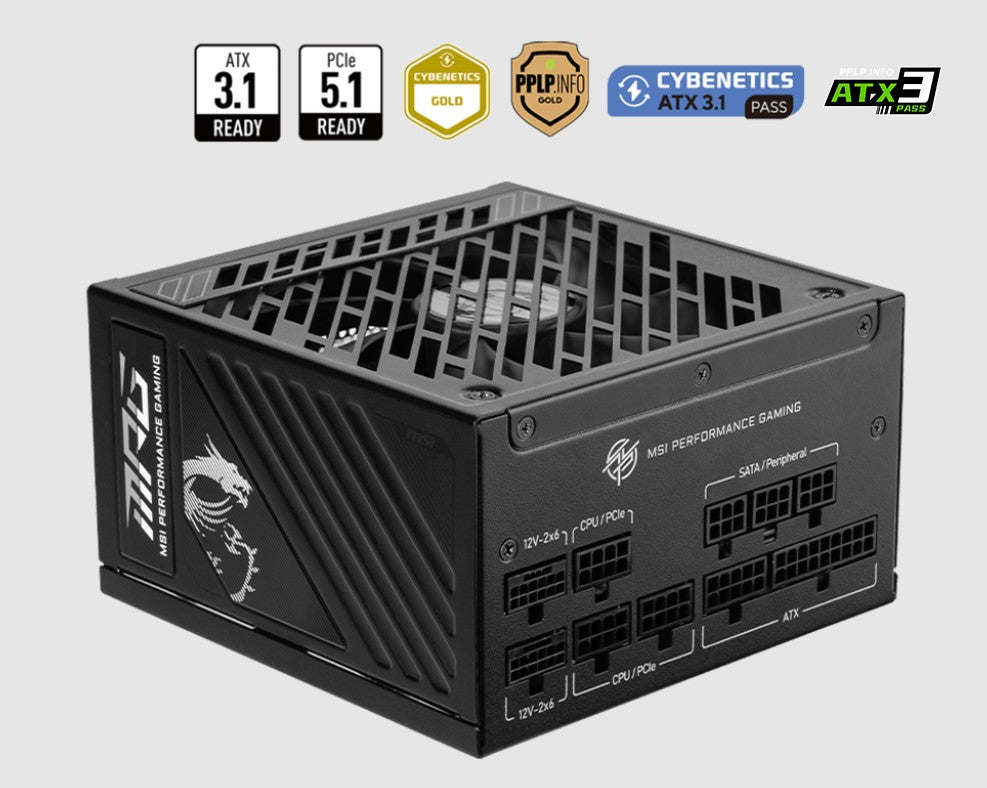 MSI MAG A1250GS PCIE5 ATX Power Supply Unit, 80 PLUS Gold, Fully modular flat cables, 0 RPM Mode, Active PFC design