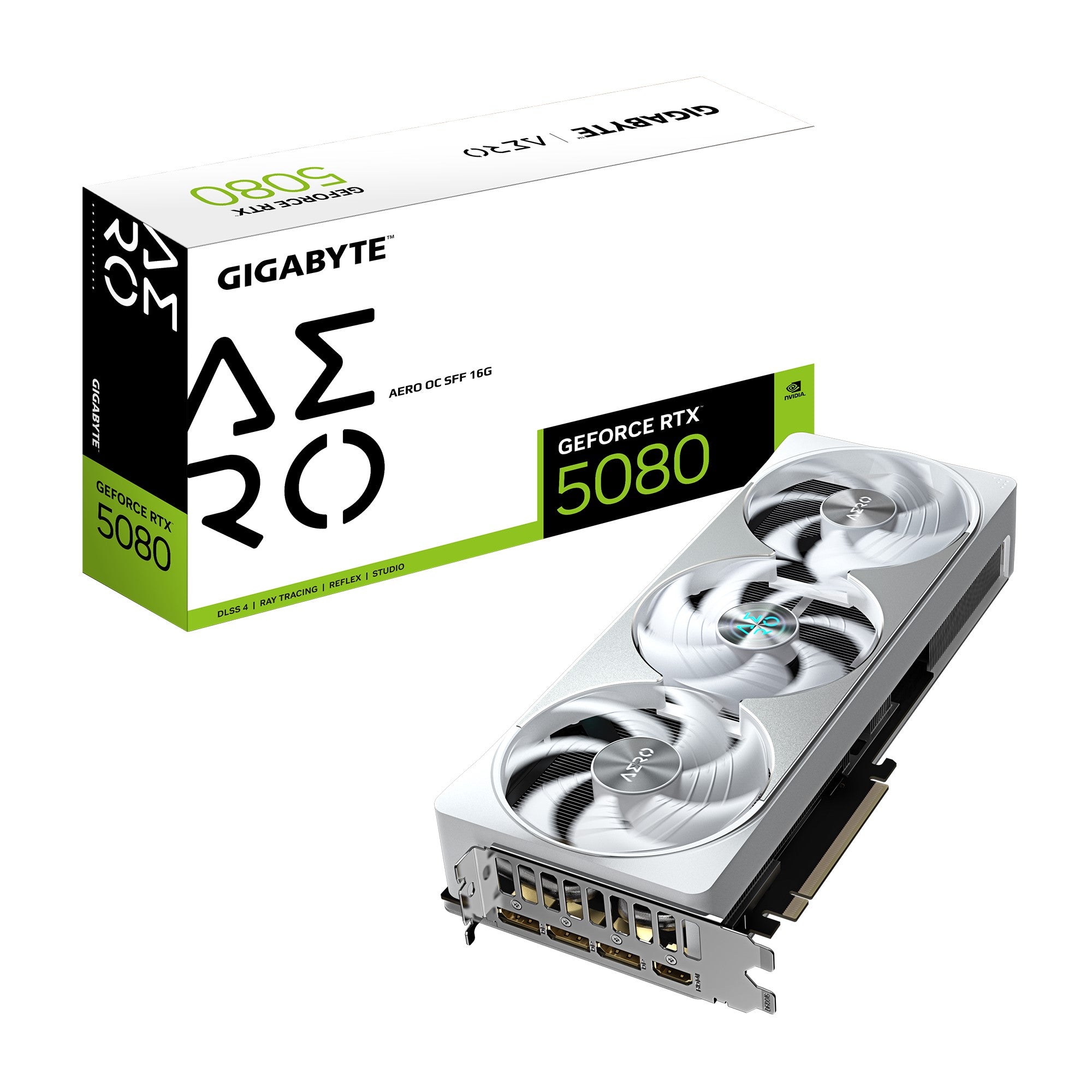 Gigabyte GeForce RTX 5080 AERO OC SFF 16G, 2730 MHz, CUDA 10752, 30 Gbps, GDDR7, 256 bit, PCI-E 5.0, PSU 850W, DisplayPort 2.1b x3 HDMI 2.1b x1