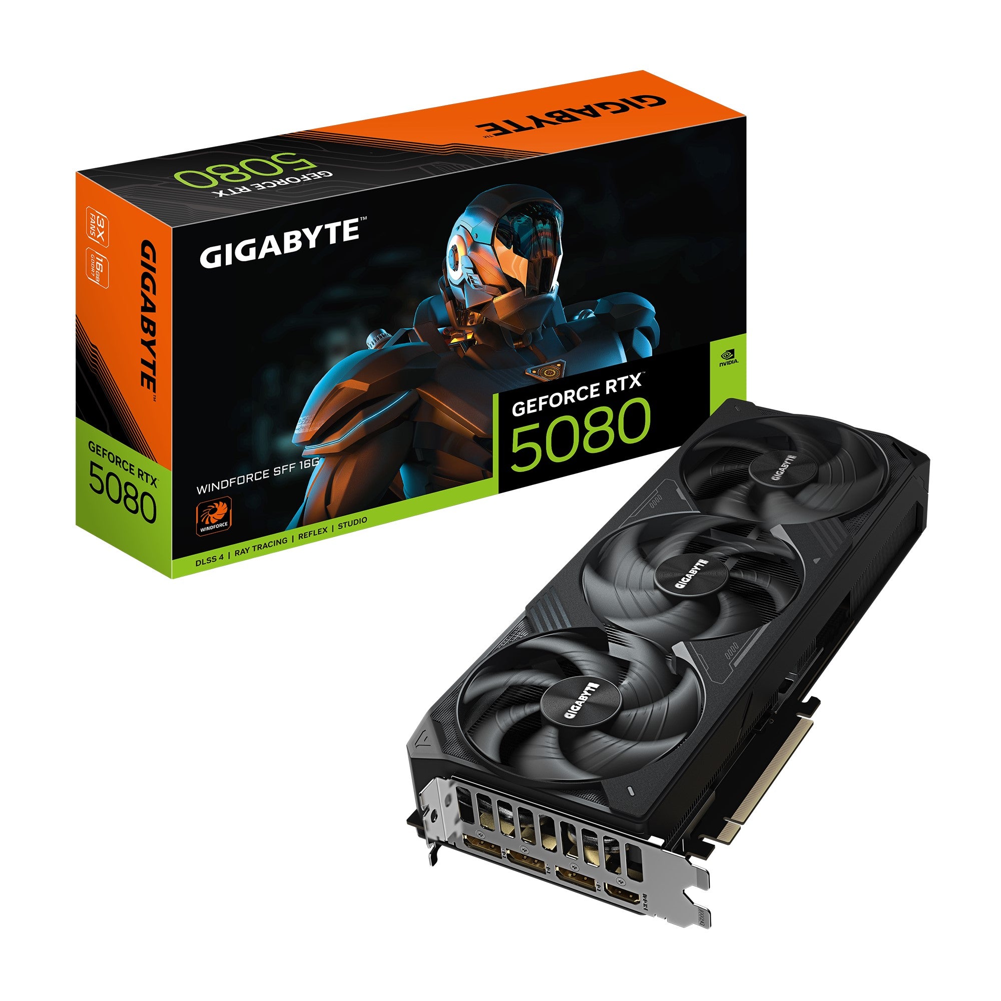 Gigabyte GeForce RTX 5080 WINDFORCE SFF 16G, 2617 MHz, CUDA 10752. 30 Gbps, GDDR7, 256 bit  PCI-E 5.0, PSU 850W, DisplayPort 2.1b x3 HDMI 2.1b x1