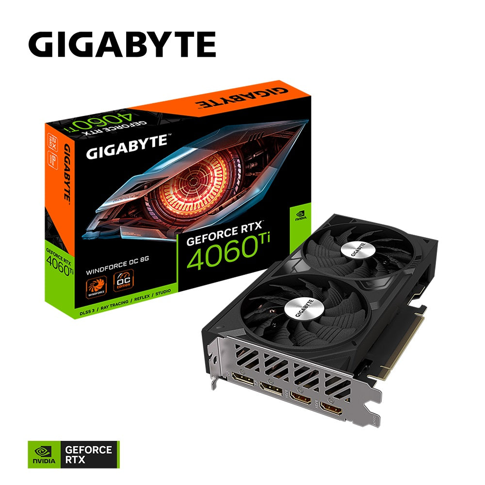 Gigabyte nVidia GeForce RTX 4060 Ti WINDFORCE OC 8G, 2550 MHz, CUDA 4352, 18 Gbps, GDDR6, 128 bit, PCI-E 4.0, PSU 500W,DisplayPort 1.4a*2 HDMI 2.1a*2