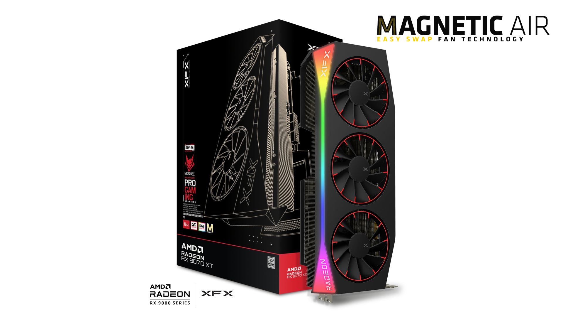 XFX Mercury AMD Radeon RX 9070XT OC Magnetic Air Edition with RGB 16GB GDDR6, HDMI 3xDP, AMD RDNAâ„¢ 4 (97TMARGB9)