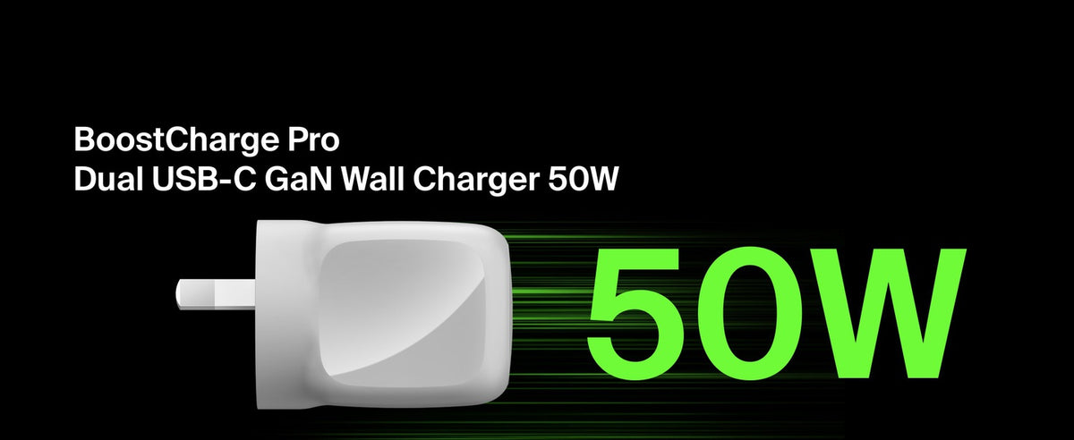 Belkin BoostCharge Pro 50W Dual USB-C GaN Wall Charger â€“ White, Compact Laptop Charger, Travel-Ready, $2,500 CEW, 2-Year Warranty