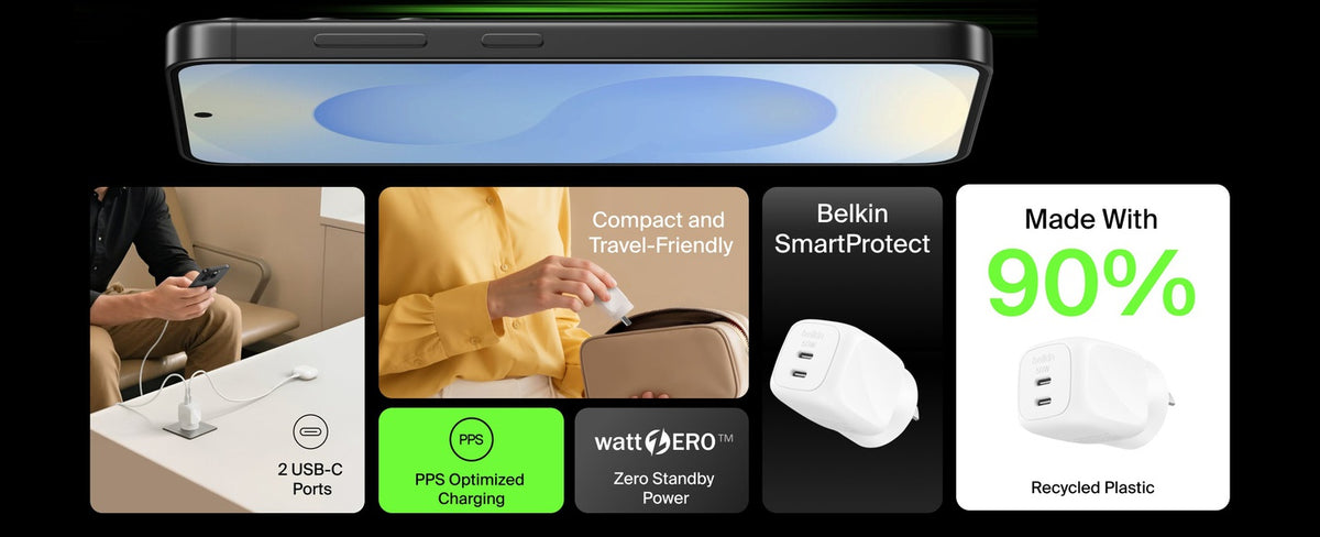 Belkin BoostCharge Pro 50W Dual USB-C GaN Wall Charger â€“ White, Compact Laptop Charger, Travel-Ready, $2,500 CEW, 2-Year Warranty