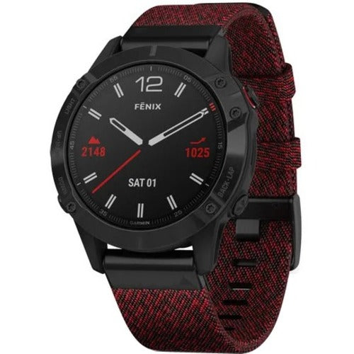 Garmin fenix 6 GPS Watch - Black Case - Heathered Red Band - Fiber Reinforced Polymer, Metal Case - Nylon Band
